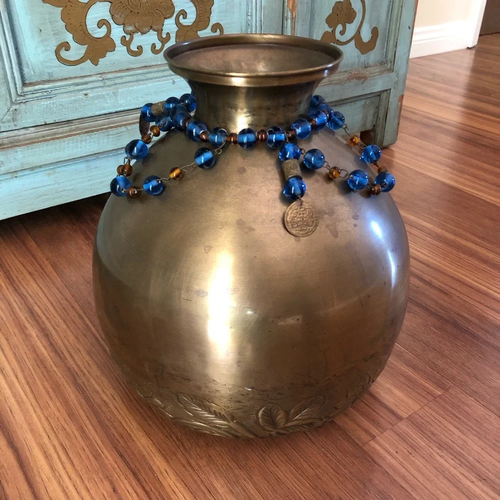 Brass Hammered and Etched Sunflower Design Vase